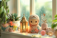 Hijab Doll With Lanterns On Window Sill. Ramadan Kareem Celebration