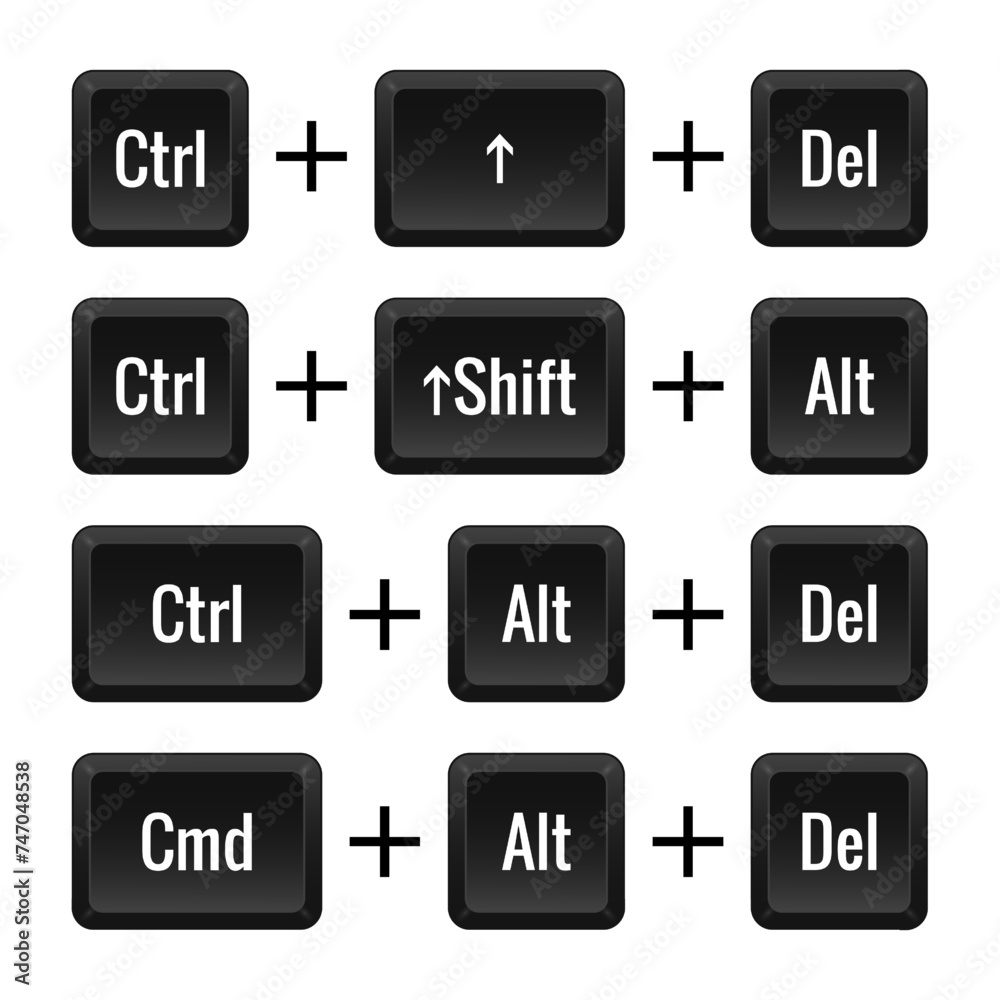 Keyboard combinations. Ctrl, Shift, Del, Alt, Cmd. Hotkeys, control, macro, shortcut, command, input, enter, type, layout, computer, laptop key, functional. Vector illustration