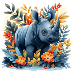 Canvas Print - rhino illustration and leaves apparel design