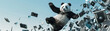 Joyous panda jumping, cassettes floating in air around 3d render