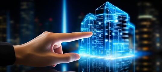 Poster - Hand pointing at modern commercial building hologram on futuristic hud background