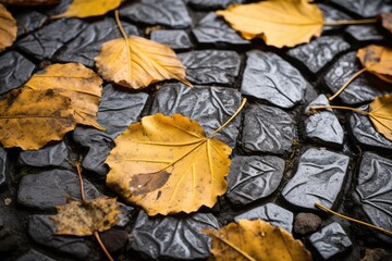 Wall Mural - Autumn Background with Yellow Leaves on Old Gray Pavement or Granite Cobblestone Road top View