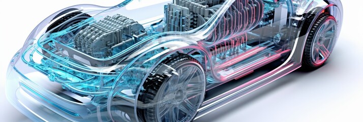 Poster - futuristic electric car with holographic wireframe technology on white background