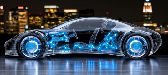 Poster - futuristic electric car with holographic wireframe digital technology background