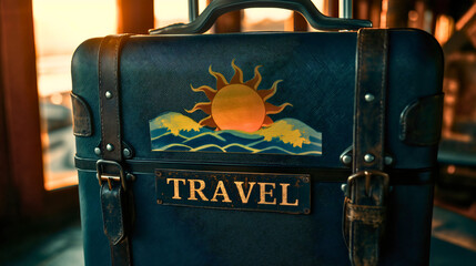 Closeup of an old vintage blue travel suitcase. Retro luggage for the sea or ocean trip or journey to the vacation or holiday in the summer, antique briefcase