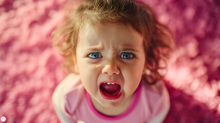 Closeup of the little toddler girl lying on the pink carpet in her room, looking at the camera and crying, sad and displeased face expression, unhappy female infant child or baby, hungry, frustrated