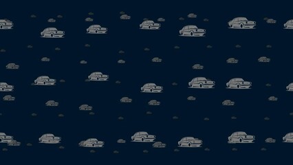 Poster - Vintage car symbols float horizontally from left to right. Parallax fly effect. Floating symbols are located randomly. Seamless looped 4k animation on dark blue background