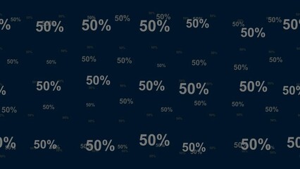 Poster - 50 percent symbols float horizontally from left to right. Parallax fly effect. Floating symbols are located randomly. Seamless looped 4k animation on dark blue background