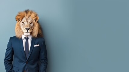 Wall Mural - Anthropomorphic lion in business suit working in corporate setting, studio shot with copy space