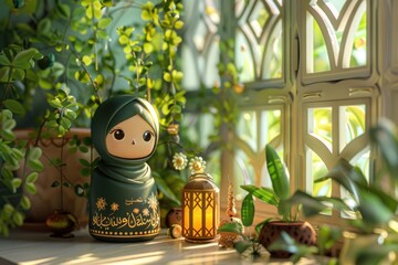 Wall Mural - Hijab doll with lanterns on window sill. Ramadan Kareem celebration