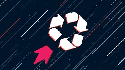 Poster - Recycling symbol flies through the universe on a jet propulsion. The symbol in the center is shaking due to high speed. Seamless looped 4k animation on dark blue background with stars