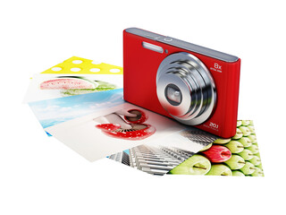 Wall Mural - Compact digital camera and photos isolated on transparent background. 3D illustration