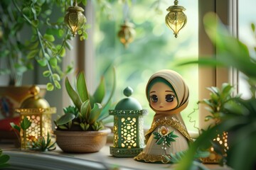 Wall Mural - Hijab doll with lanterns on window sill. Ramadan Kareem celebration