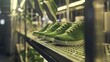 Rows of trendy green sneakers showcased on a store shelf with a selective focus. Ideal for retail and fashion concepts.