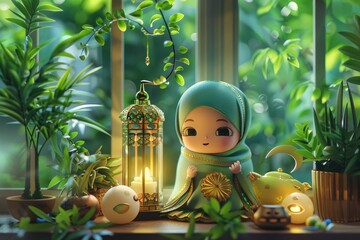 Wall Mural - Hijab doll with lanterns on window sill. Ramadan Kareem celebration