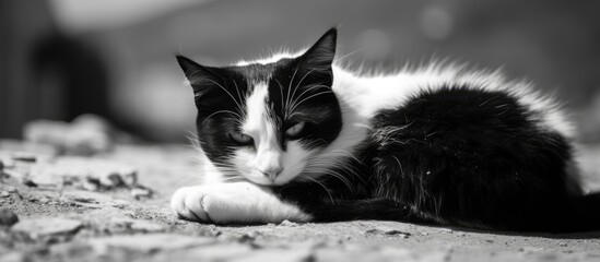 Wall Mural - A black and white cat is seen laying on the ground, enjoying the warmth of the sun as it rests in a relaxed position.