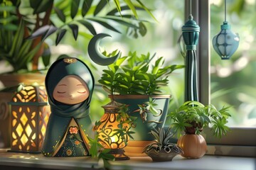 Wall Mural - Hijab doll with lanterns on window sill. Ramadan Kareem celebration