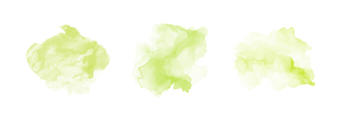 Wall Mural - Set of abstract green watercolor water splash on a white background. Vector watercolour texture in salad color. Ink paint brush stain. Green splatters spot. Watercolor pastel splash