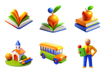School icon set, 3D render style, isolated on white or transparent background.
