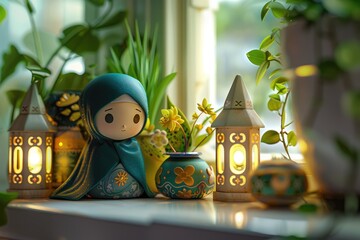 Wall Mural - Hijab doll with lanterns on window sill. Ramadan Kareem celebration