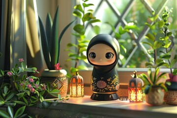 Wall Mural - Hijab doll with lanterns on window sill. Ramadan Kareem celebration