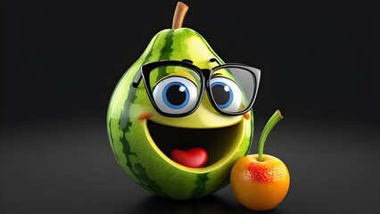 a cartoon character with a happy face and funny fruits on a black background