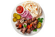 top view of a Lebanese shawarma plate, featuring thinly sliced marinated meat (usually lamb, beef, or chicken), served with garlic sauce, pickles, and flatbread.