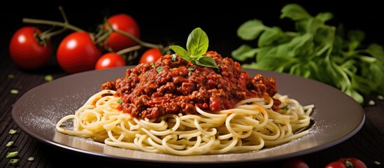 Poster - A plate is filled with spaghetti coated in a rich meat sauce and topped with fresh tomatoes. The dish is a classic Italian favorite, offering a flavorful and satisfying dining experience.