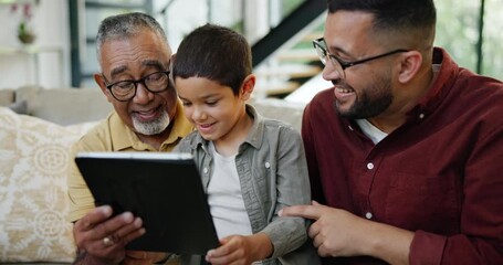 Poster - Father, son and old man with tablet on sofa in living room of home together for visit. Family, technology or social media app with grandfather, parent and child in apartment for education or game