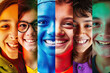 Diverse group of children with faces painted in different vibrant colors, standing together and looking at the camera