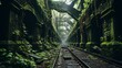 Overgrown railway station consumed by vines and foliage, evoking nostalgia and mystery