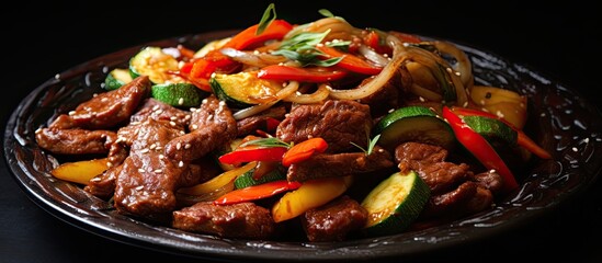 Wall Mural - This close-up shot showcases a plate filled with pan-fried meat and assorted vegetables. The meat appears spicy and succulent, while the vegetables are perfectly cooked and seasoned. The vibrant