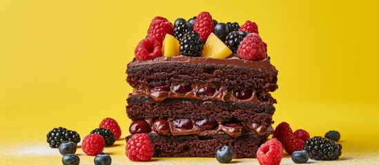 Sticker - A delicious chocolate cake topped with fresh berries, set on a vibrant yellow background. This baked goods dish is a perfect combination of rich flavors and colorful ingredients.