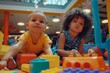Portrait of Adorable Stylish Children Playing Together in a Kids Room at Shopping Mall. Talented Multiethnic Kids Spending Productive Time in Daycare, Playing with Colorful Construction Block Toys