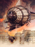 Fototapeta Desenie - Fantasy scene with a steampunk zeppelin flying over a city at sunset.  Made from 3d elements and painted parts. No AI used. 