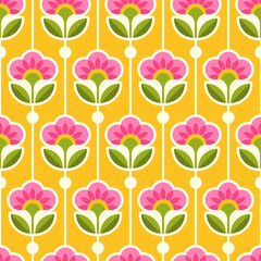 Wall Mural - Retro cute geometric flower and leaf seamless pattern background.