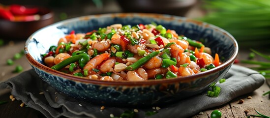 Wall Mural - A delicious dish of ciambotta made with shrimp, vegetables, and fresh produce, served in a bowl on a rustic wooden table.