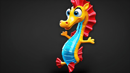 Wall Mural - A cheerful cartoon sea horse with a comically happy face, is depicted against a sleek black background. sea horse cartoon illustration