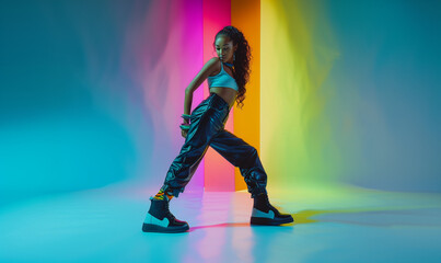 Energetic young black girl in sportswear dancing with lively movements on a vibrant gradient background, exuding energy and positivity.