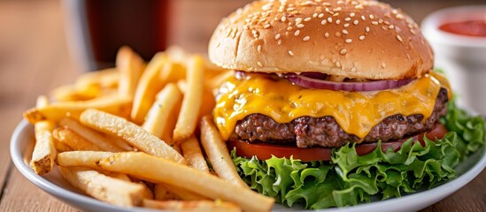 Sticker - A staple fast food meal featuring a hamburger sandwich and French fries served on a white plate atop a rustic wooden table.