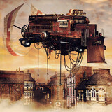 Fototapeta Desenie - Fantasy steampunk flying machine over a street of an old town with industrial buildings.  Made from 3d elements and painted parts. No AI used. 