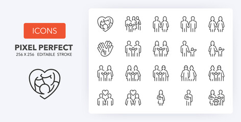 types of family structures, thin line icon set. outline symbol collection. editable vector stroke. 2