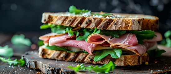 Wall Mural - A sandwich made with various ingredients is arranged in layers on a wooden cutting board, creating an artful display of culinary craftsmanship.