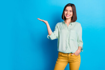 Wall Mural - photo of gorgeous woman with bob hairstyle dressed turquoise shirt palm demonstrate offer empty spac