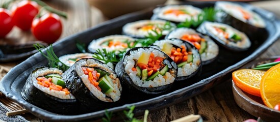 Wall Mural - A plate of sushi with vegetables and California roll on a wooden table, a delicious combination of Japanese cuisine and fresh ingredients.