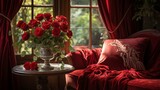 Fototapeta Do pokoju - Bouquet of beautiful red roses in a royal palace. Bright blooming roses in a luxury vase.  Red house interior decorated by vivid red roses in an expensive decorative vase. Kings palace with flowers.