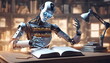 3d illustration of robot hominoid reading book and solving math data analytics in concept of future