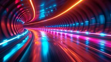 Speed Motion In An Urban Highway Road Tunnel, Blurred Motion Toward A Light. Computer Generated Color Illustration. Light Trails, Fiber Optics Technology Background.