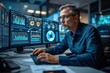 © LAYHONG - Serious mature businessman working on multiple computer monitors in dark office.