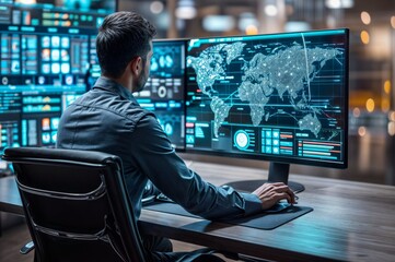 Poster - businessman working with computer at night office and world map on screen